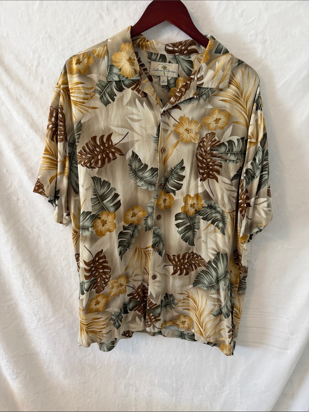 Tropical-Print Short Sleeve Button-Down Shirt in Beige & Yellow - Unknown Brand